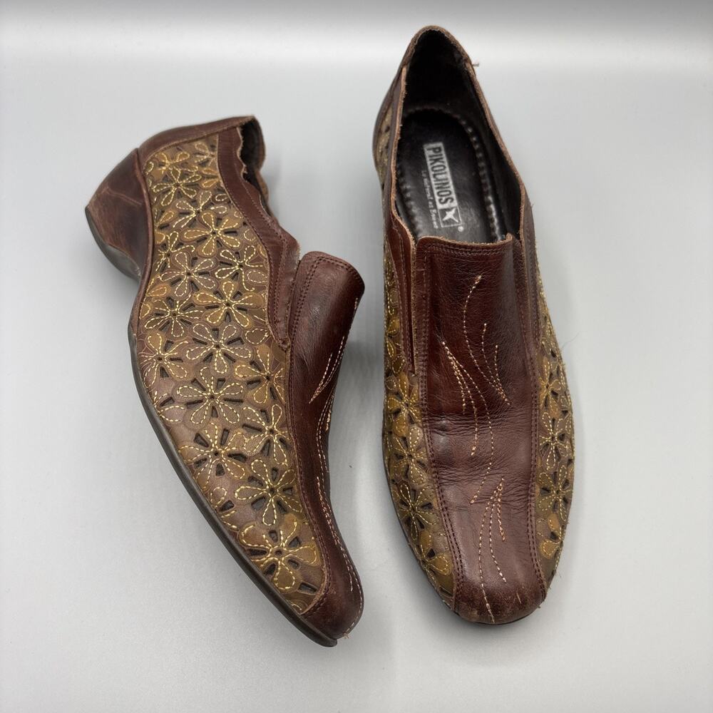 Pikolinos Shoes Size 39 US 8 Boho Distressed Brown Floral Leather Heels Artsy